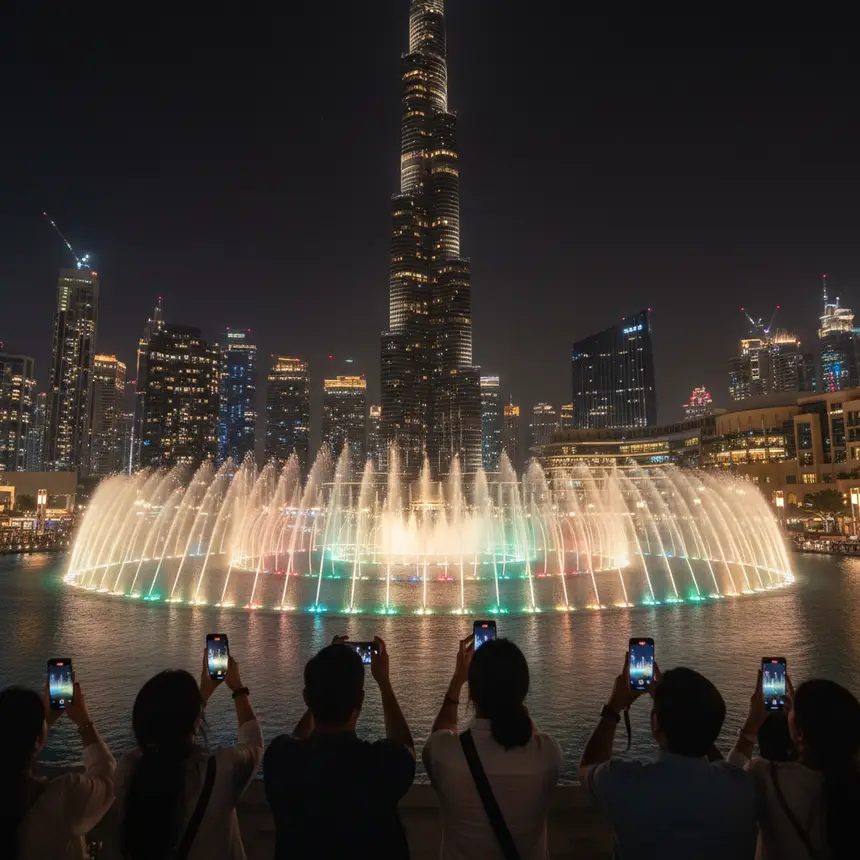 The Spectacle of the Fountain Show and Dubai's Illuminated Skyline