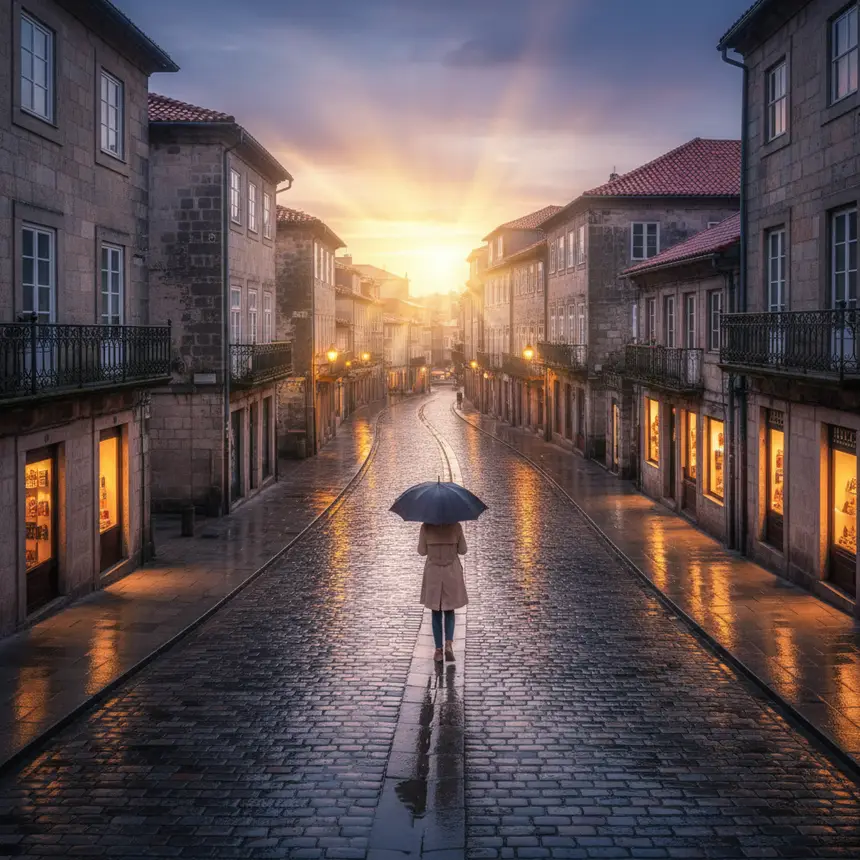 European city night, rainy scene, travel memories
