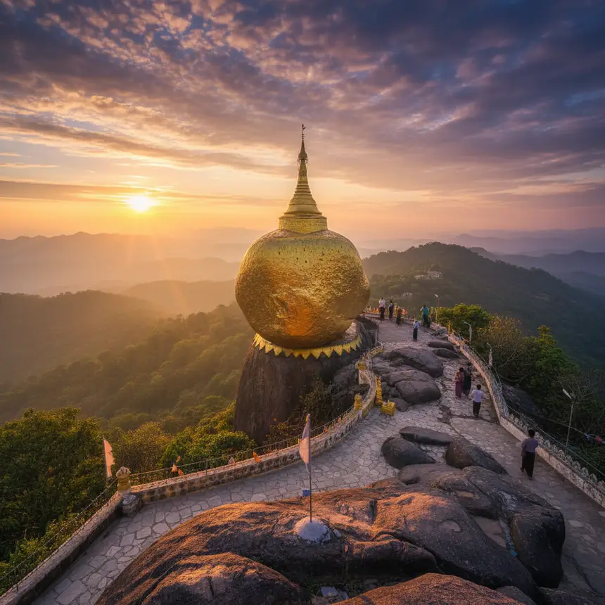 Kyaiktiyo Golden Rock Pagoda sunrise view