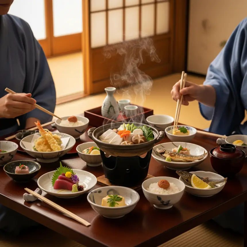 Kaiseki cuisine, ryokan meal, Japanese hot spring