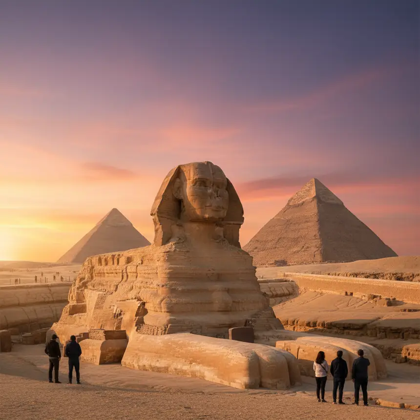 Great Sphinx with pyramids in background
