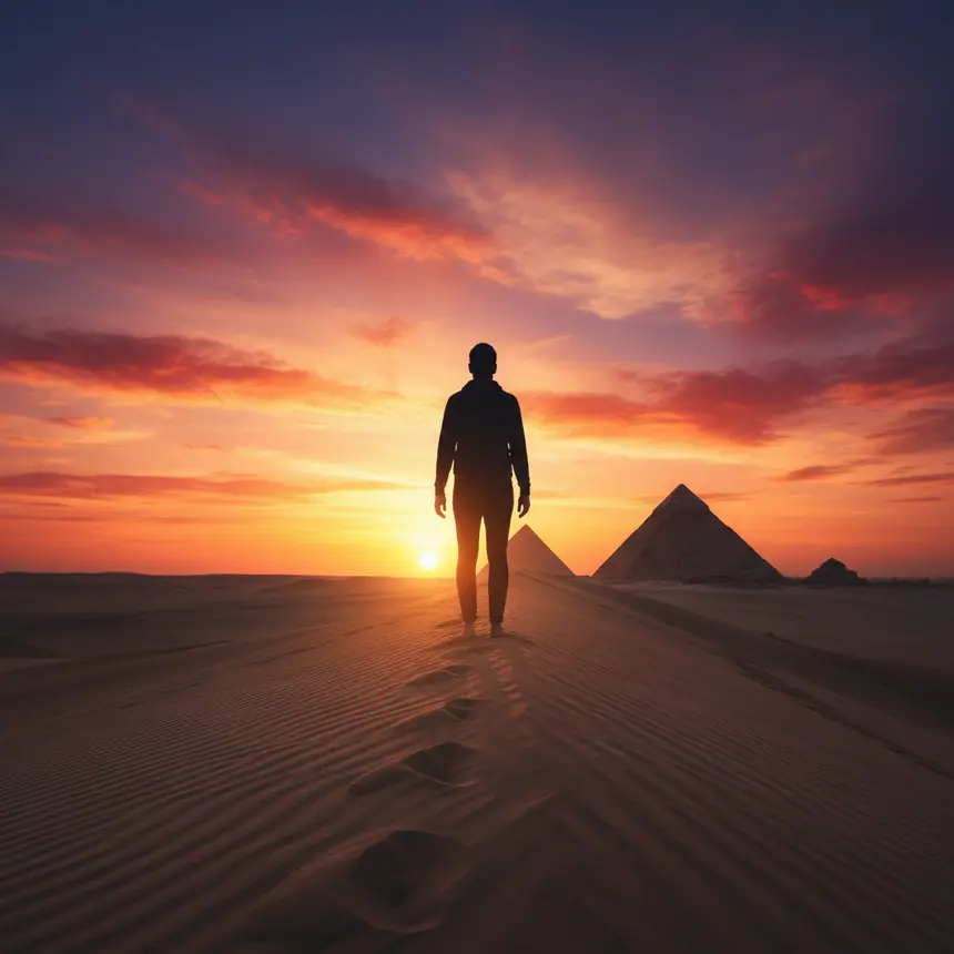 Person viewing pyramids at sunset