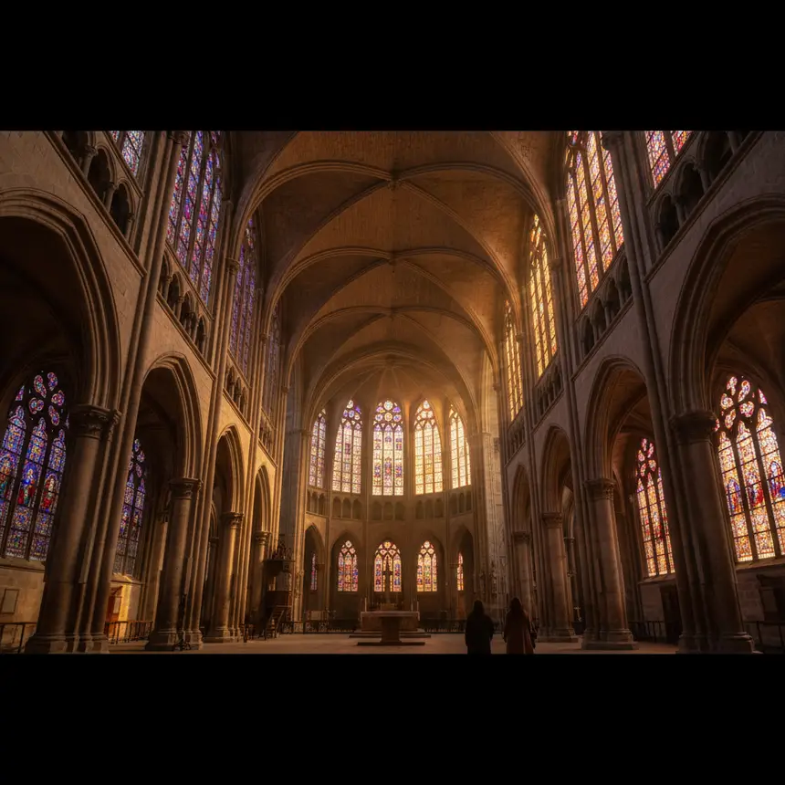 Historic cathedral interior, stained glass