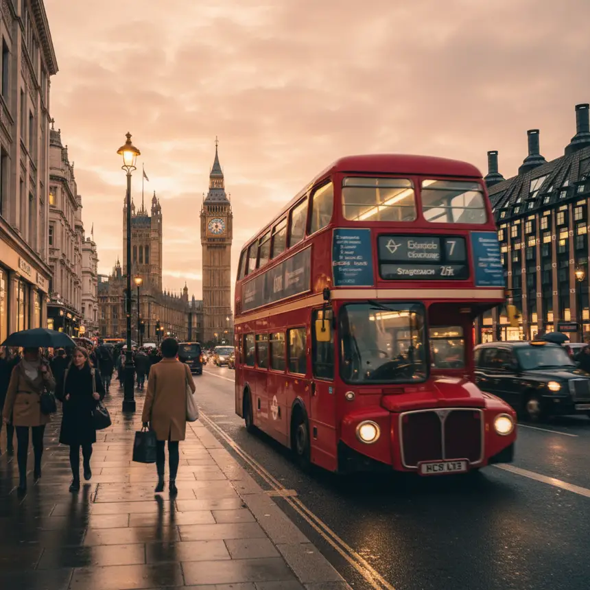 Red double-decker bus, London street