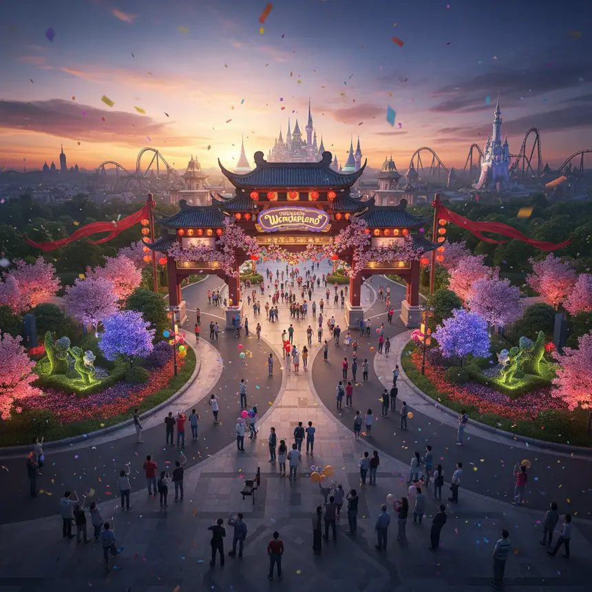 Grand theme park entrance adorned for celebration