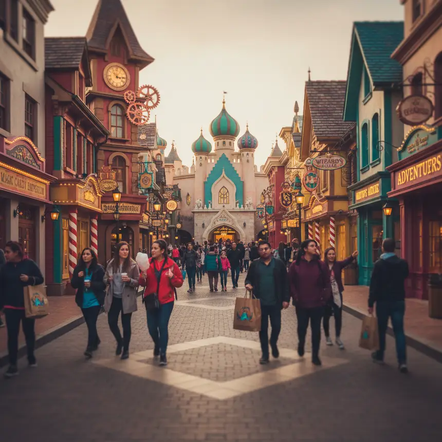 Theme park's lively main street with unique shops