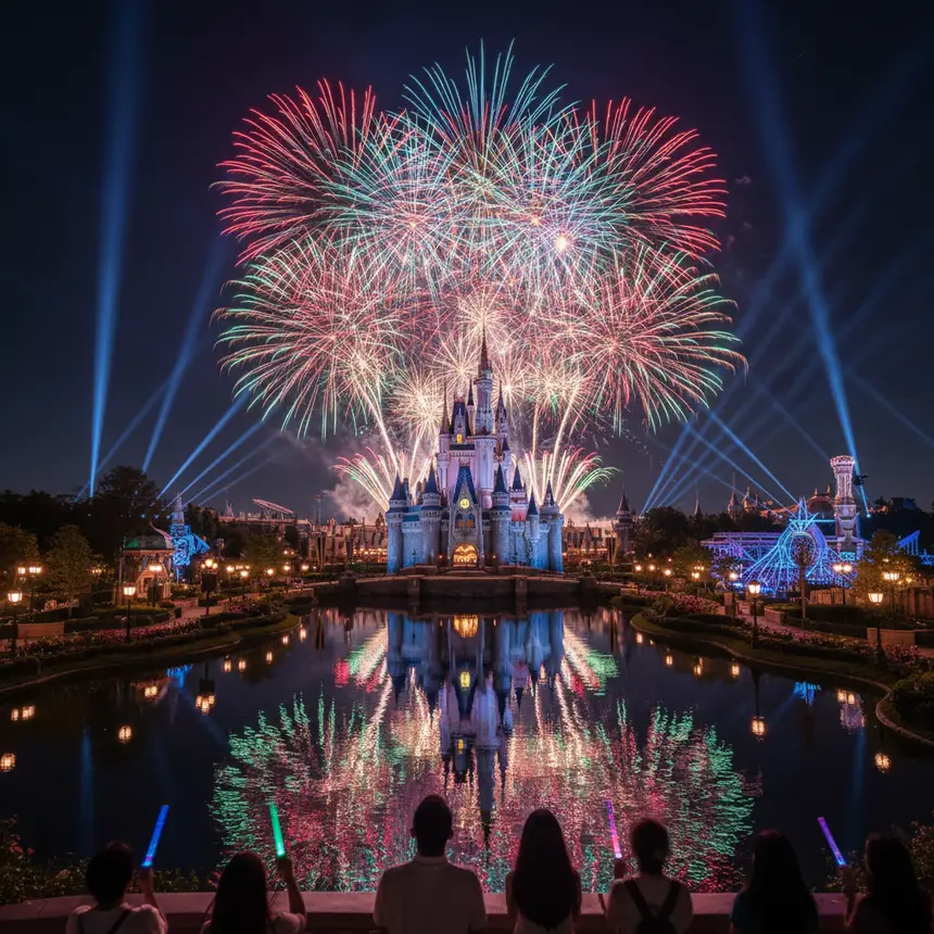 Night fireworks show over theme park castle