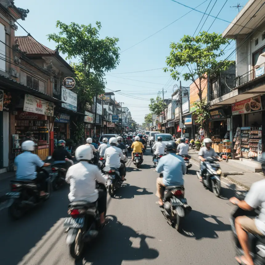 Seminyak traffic with vehicles and scooters