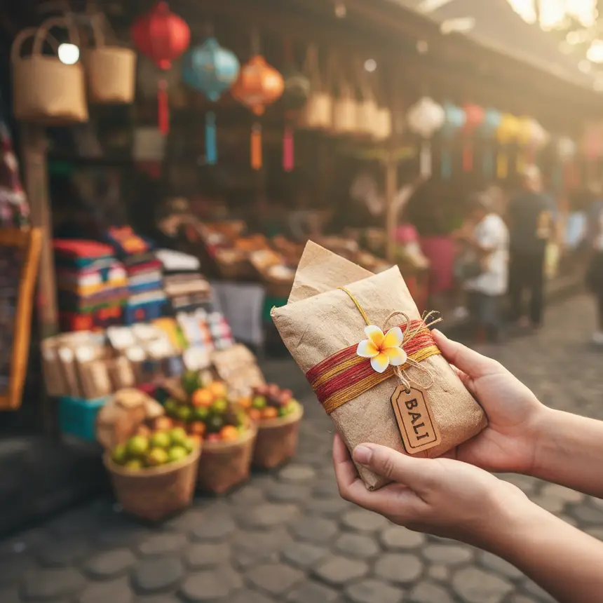 Traveler holding a Bali souvenir