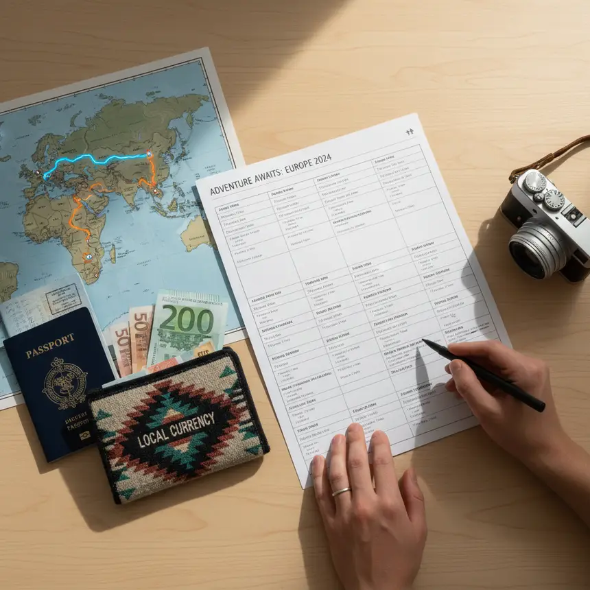 Travel itinerary flat lay
