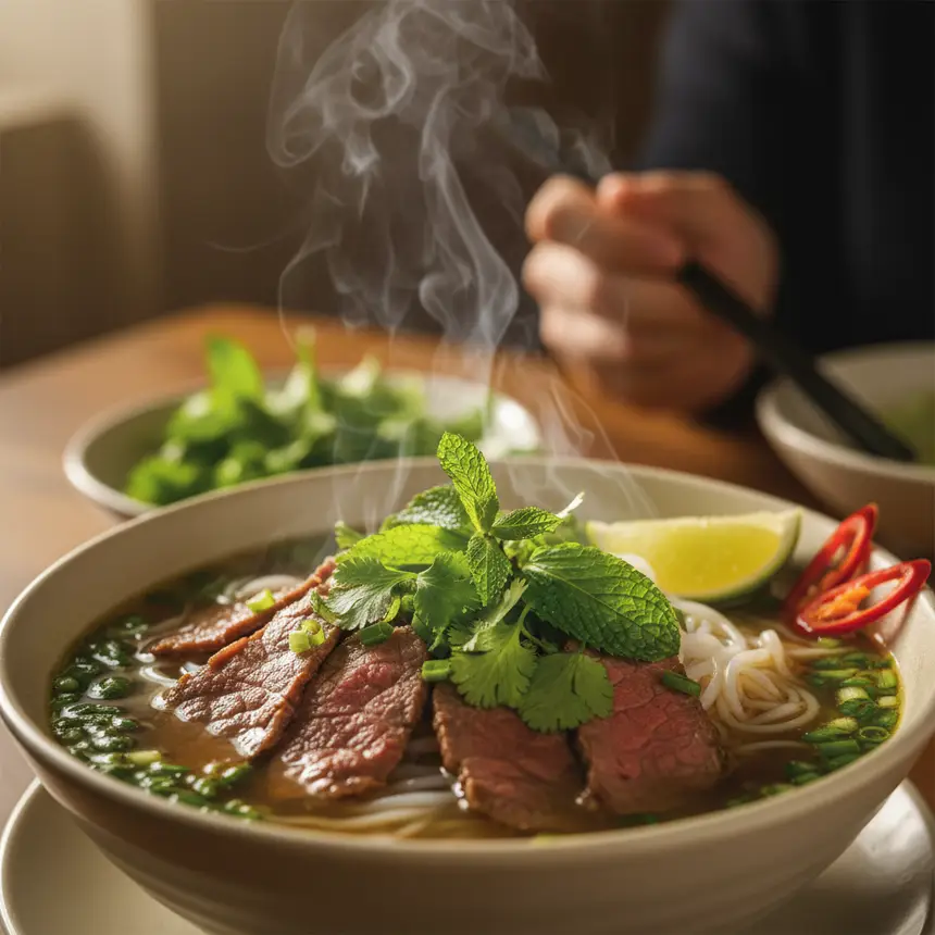 Steaming bowl of Vietnamese Pho
