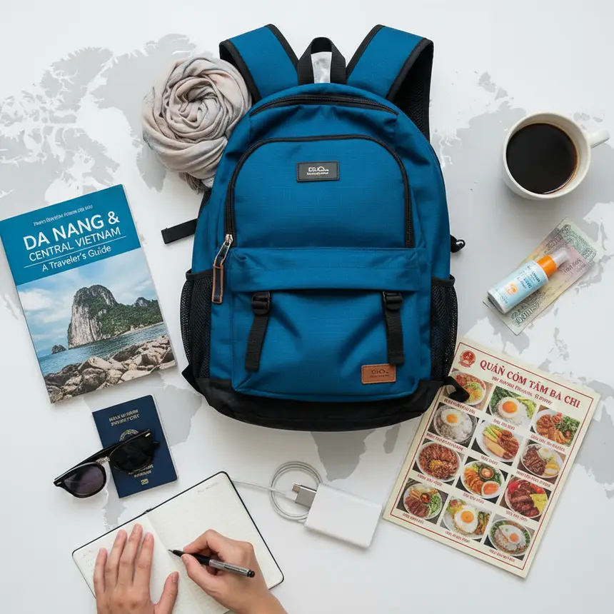 Da Nang travel essentials flat lay
