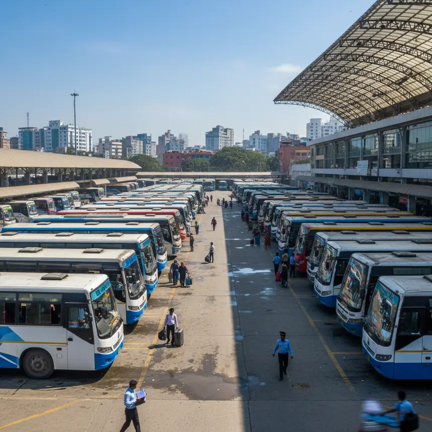 Crowded city bus station