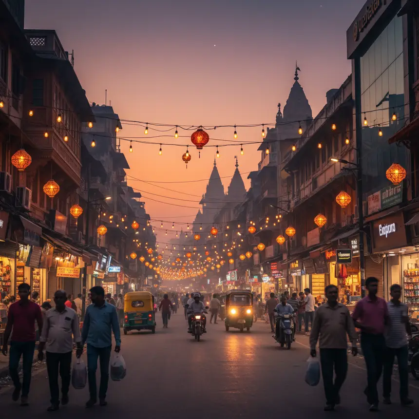 Vibrant Indian city street at dusk