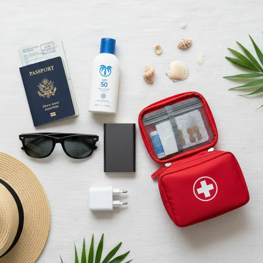 Travel essentials flat lay