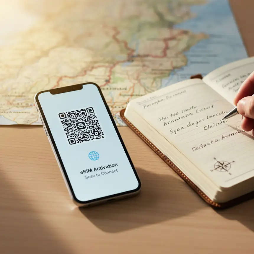 Smartphone eSIM QR code, Nepal map