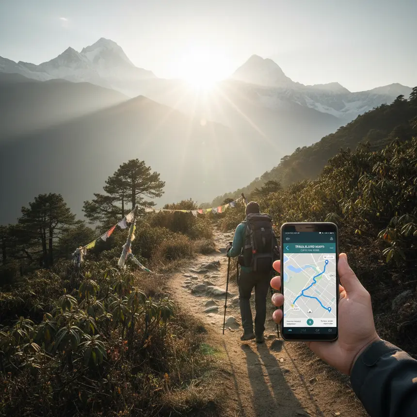 Nepal trekking traveler, smartphone map