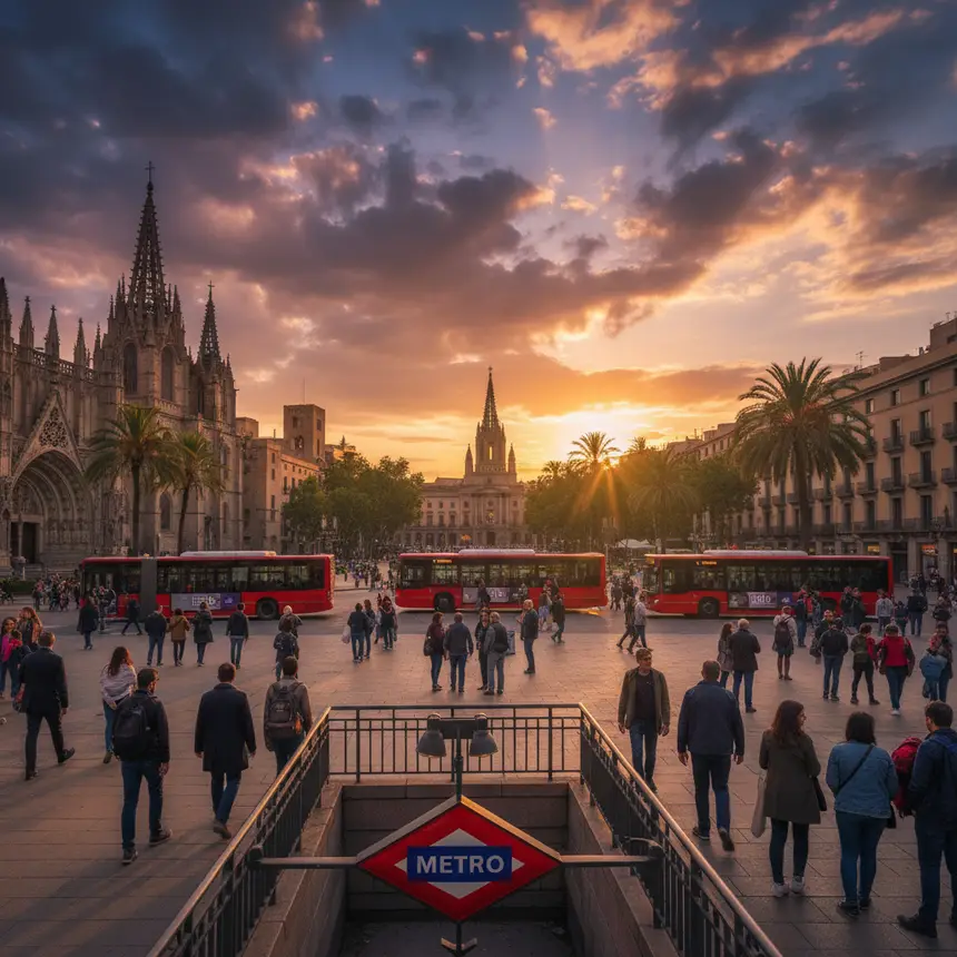 Barcelona city square, public transportation, travelers