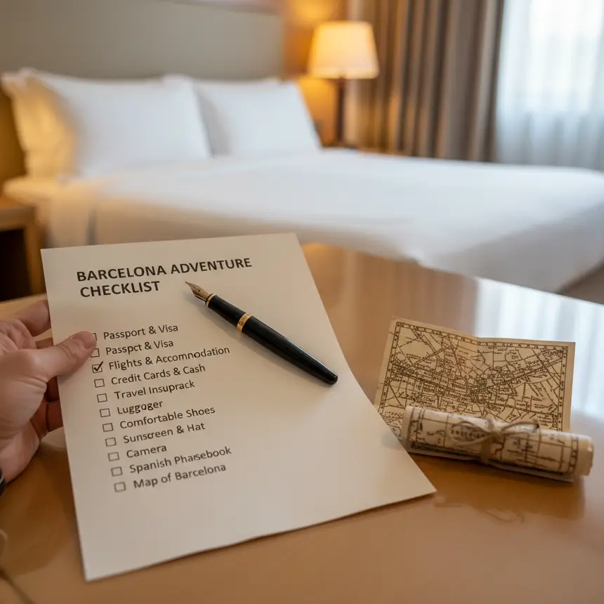 Travel checklist, accommodation planning, Barcelona map