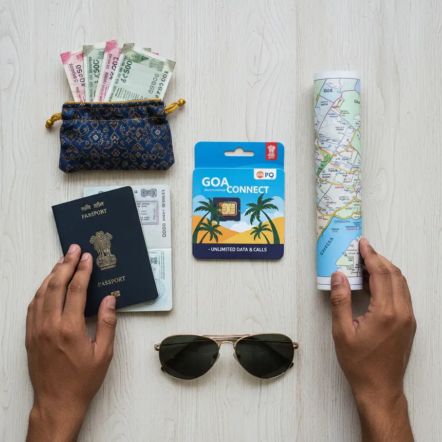Travel essentials flat lay, Goan beach sunset