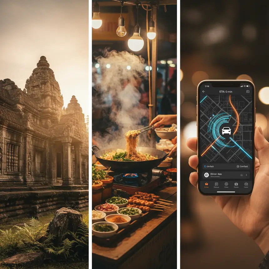Angkor ruins, Siem Reap night market, Grab app