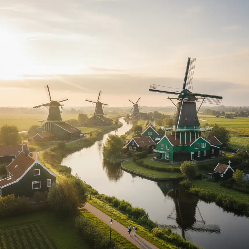 Historic Dutch windmill village, traditional houses, serene river