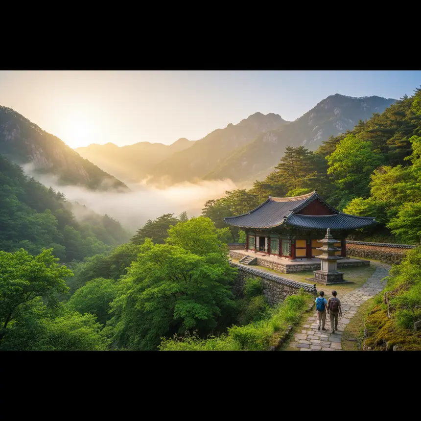 Korean mountain landscape, traditional temple, healing travel