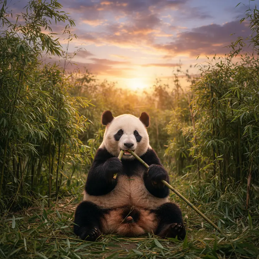 Giant panda eating bamboo in a lush forest