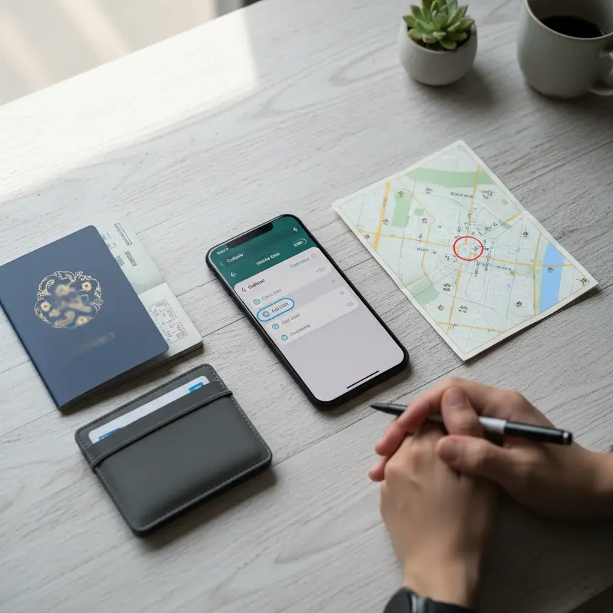 Smartphone showing eSIM settings, passport, wallet, and Chengdu map on a flat lay