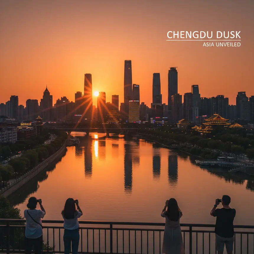 Panoramic Chengdu cityscape at sunset with city lights and river
