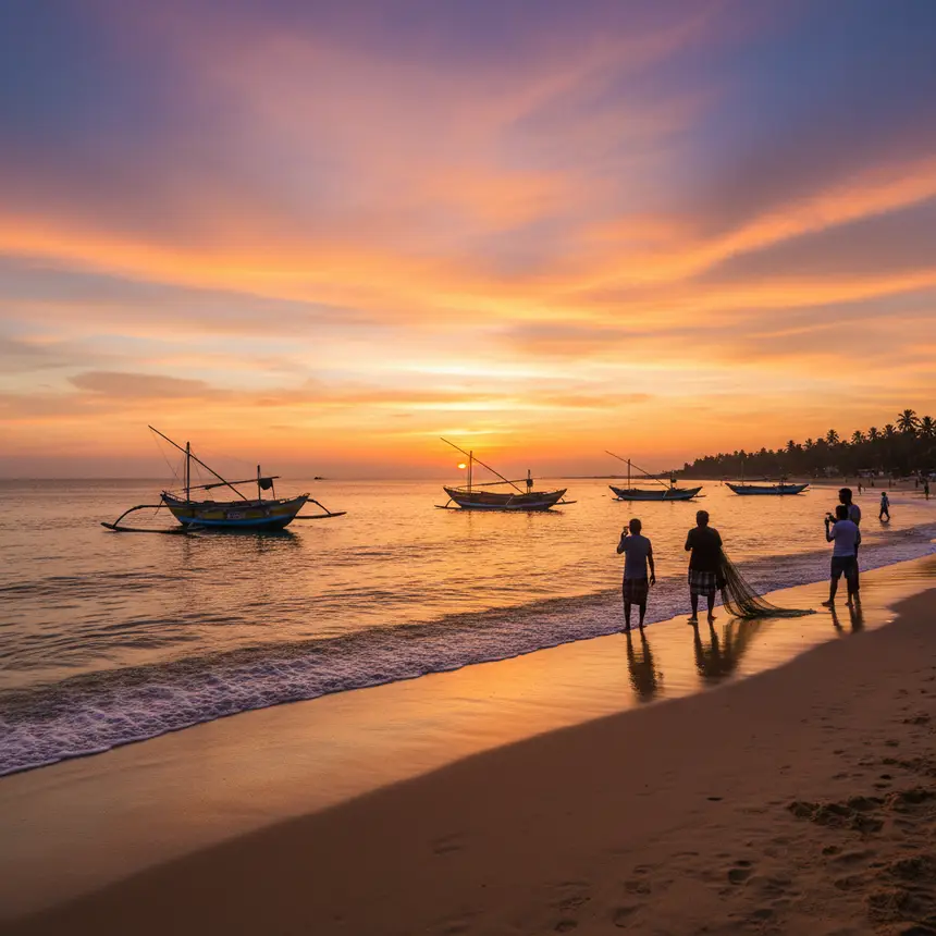 Negombo beach, fishing boats, sunset