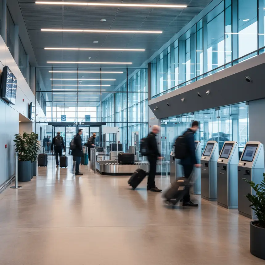 International airport, departure procedures, duty-free shop