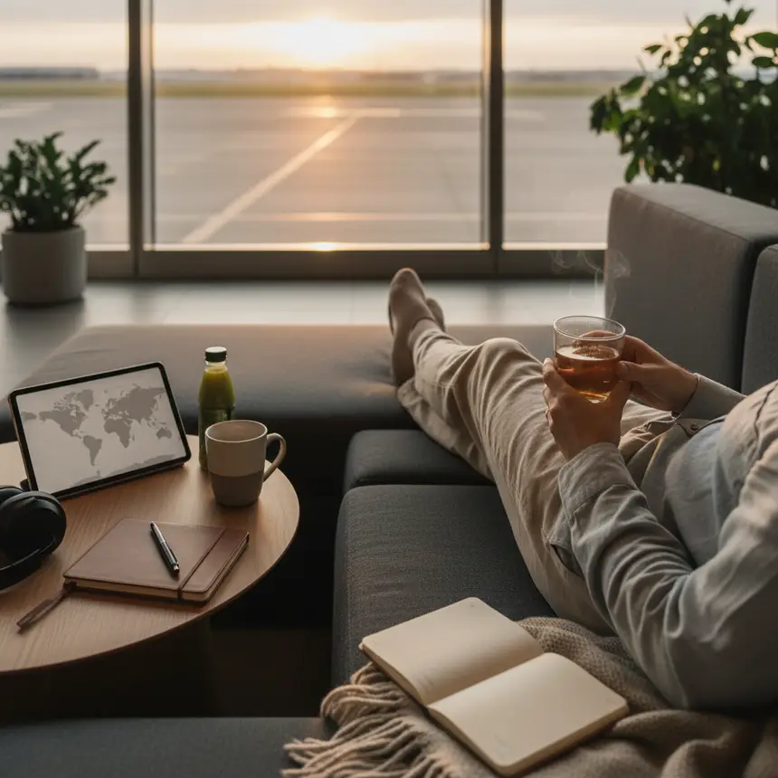 Relaxing in an airport lounge