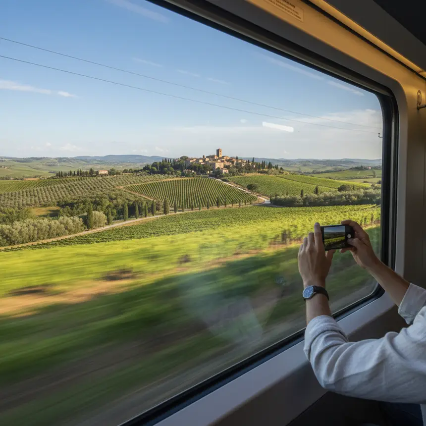 Italian high-speed train, vineyards, landscape