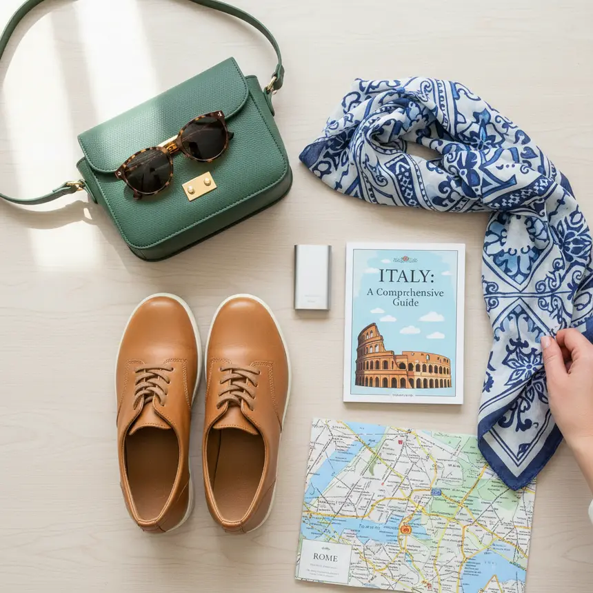 Italy travel essentials, flat lay, shoes
