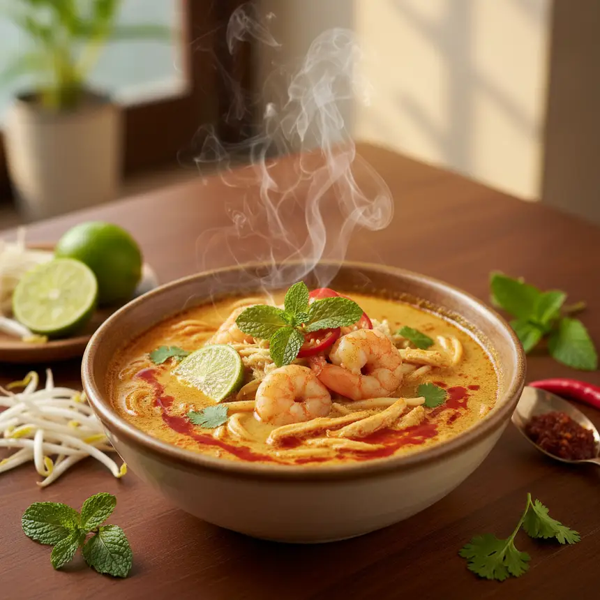 Steaming bowl of Malaysian Laksa