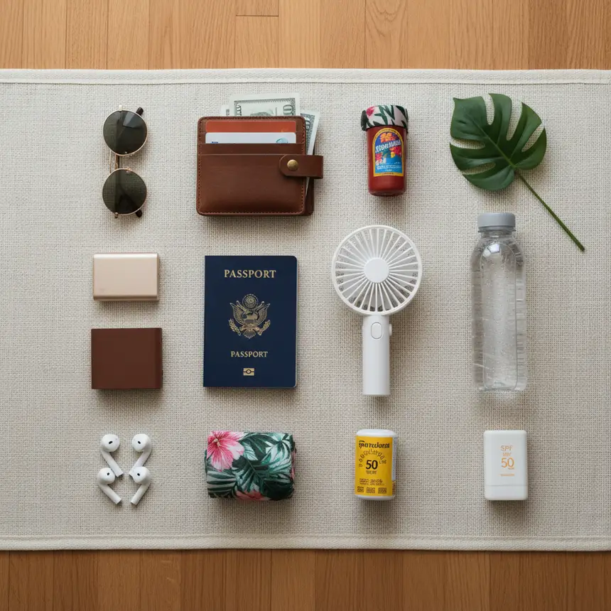 Flat lay of essential travel items