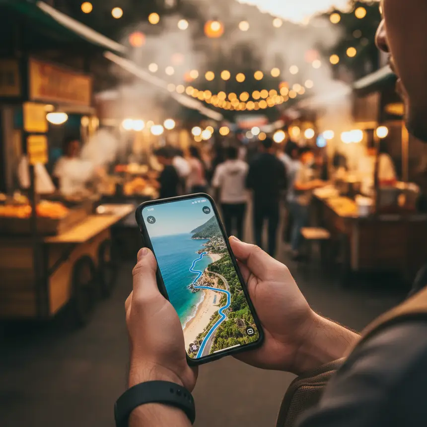 Smartphone navigation, scenic drive, street food, travel