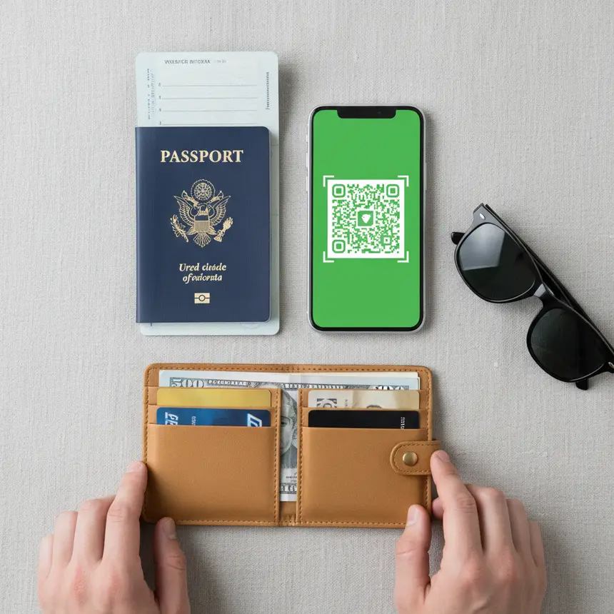 Travel essentials, eSIM QR code, passport, organization