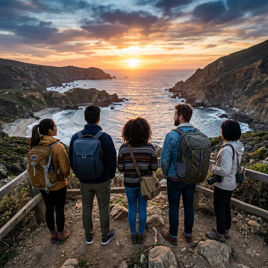 Travelers, scenic overlook, diverse group, exploration