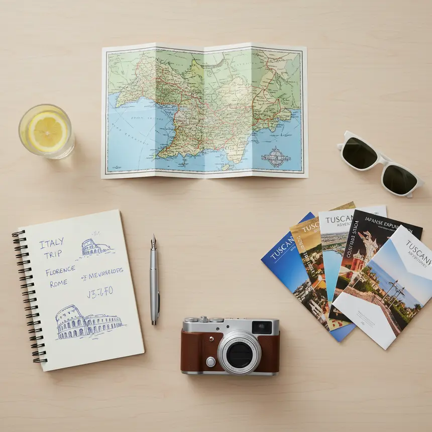 Travel planning essentials flat lay