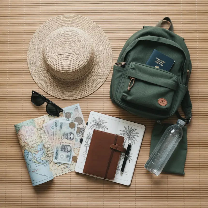 Southeast Asia travel essentials flat lay