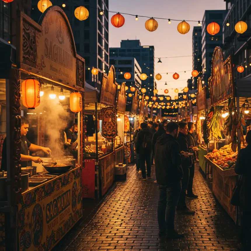 Auckland vibrant street market with diverse food