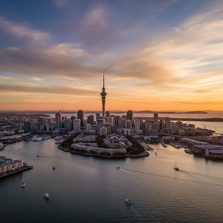 Auckland city and Sky Tower at sunset over harbor