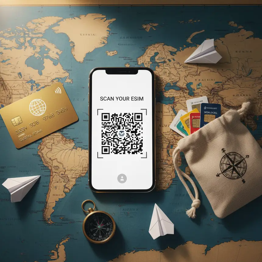 Flat lay of data connectivity options including eSIM, physical SIMs, and roaming payment