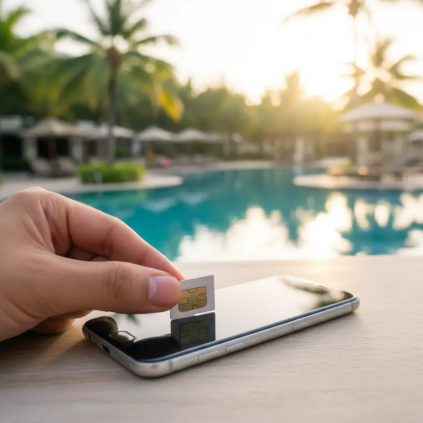 Traveler inserting physical SIM card into phone with resort background