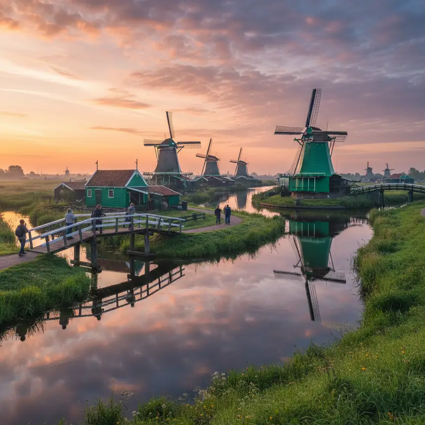 Zaanse Schans village panorama, historic Dutch windmills