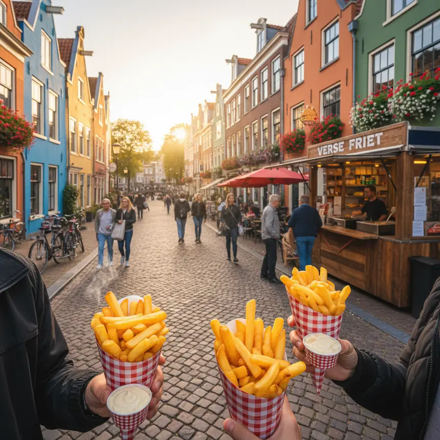 Dutch street food, crispy fries, traditional village architecture
