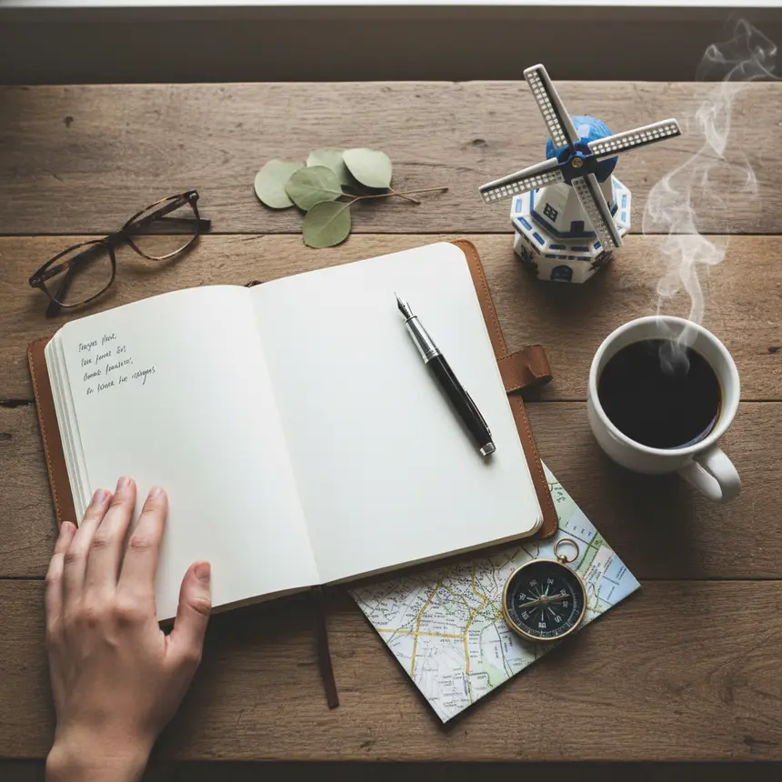 Travel planning, Dutch souvenir windmill, reflection