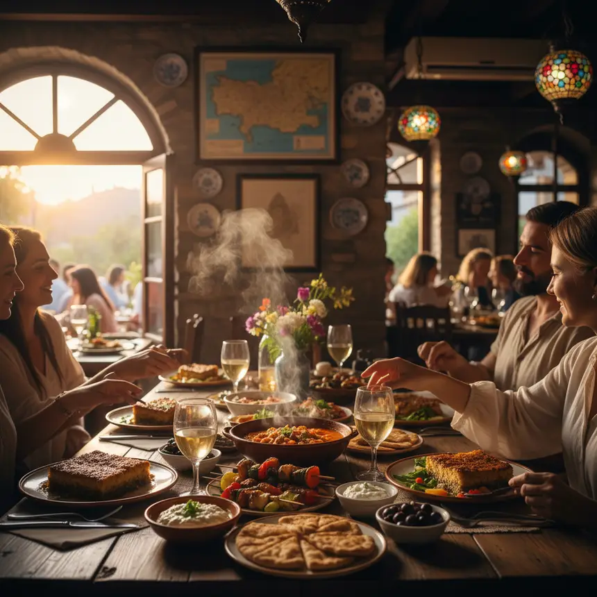 Greek traditional food, Athens tavern, bustling